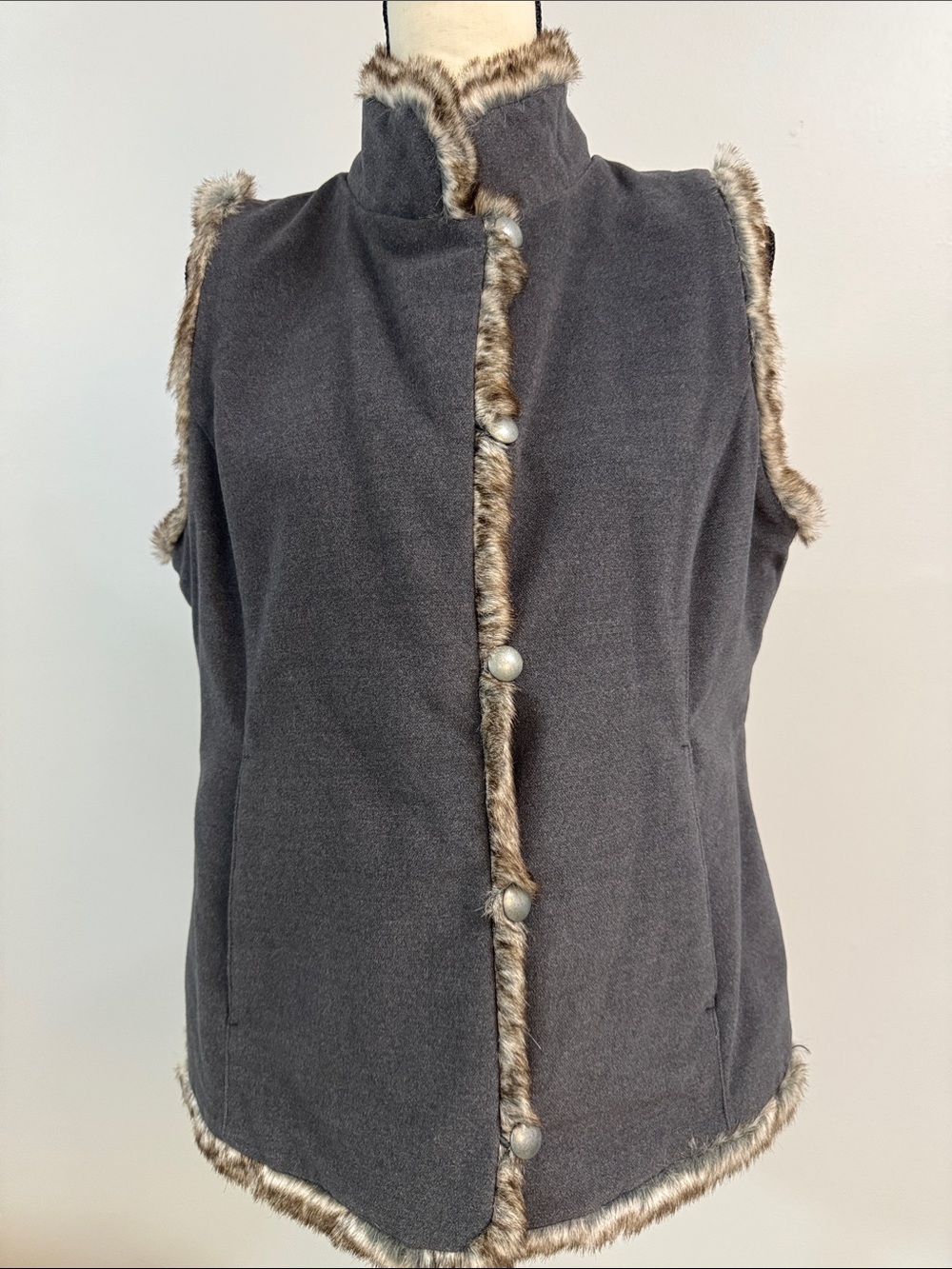 J. Jill Charcoal Vest with Faux Fur Trim